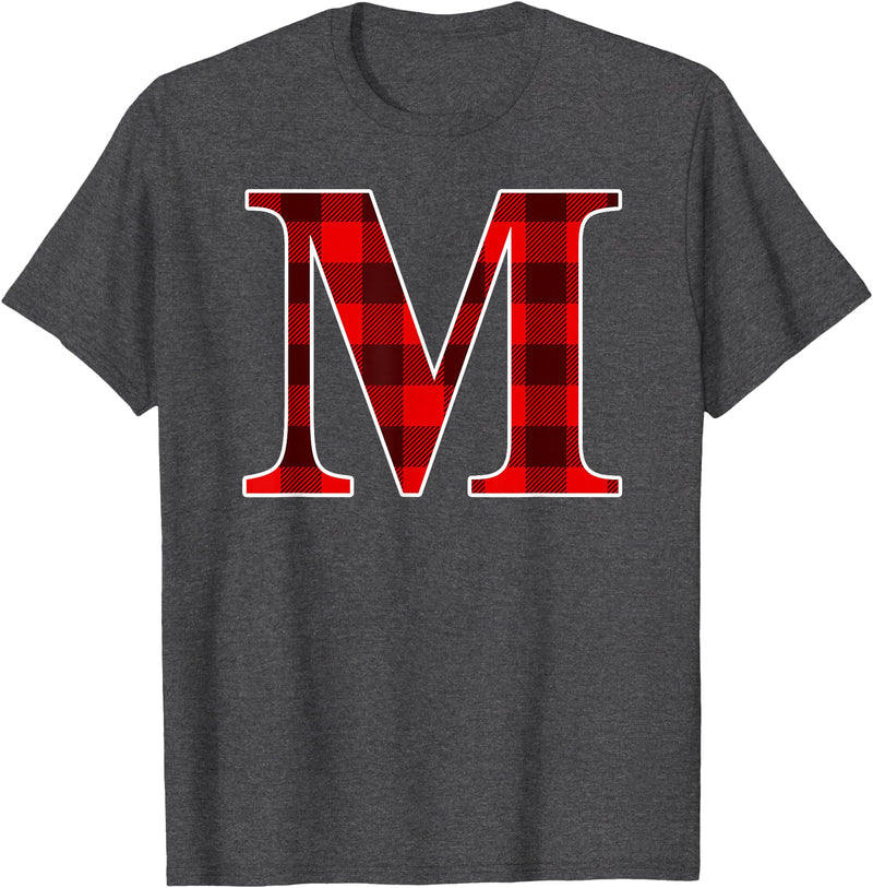 Buffalo Plaid Forever Buffalo Plaid Monogram Letter M Matching Holiday T-Shirt - Dark Heather Grey