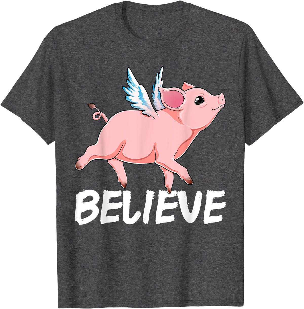 GoshWow Flying Pig Believe Pigs Fly Believe Idiom Motivational T-Shirt - Dark Heather Grey