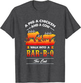anti vegan shirt I funny bbq bacon fans A Pig, A Chicken, And A Cow Walk Into A Barbecue Bar-B-Q T-Shirt - Dark Heather Grey