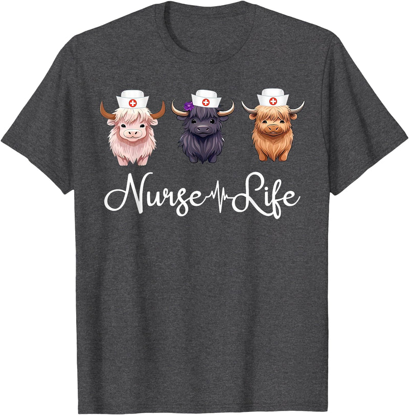 Highland Cow Nurse Life Costume Cute Highland Cow Nurse Life Farm Animal Lover Nursing T-Shirt - Dark Heather Grey