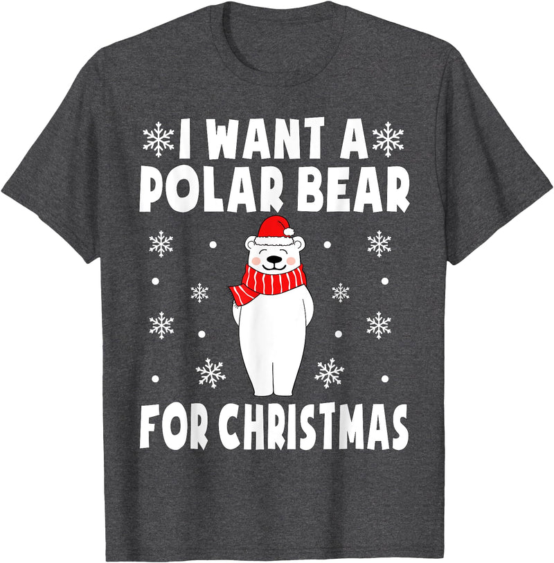 Polar Bear Christmas Pajamas Toddler Boys Girls I Want A Polar Bear For Christmas Polar Bear Pajamas Kids T-Shirt - Dark Heather Grey