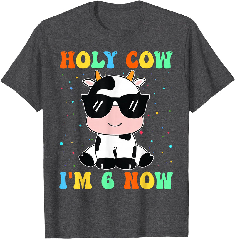 Holy Cow I'm Two 6 6th Birthday Boy Girl Kids Holy Cow I'm Two 6 Years Old 6th Birthday Boy Girl T-Shirt - Dark Heather Grey