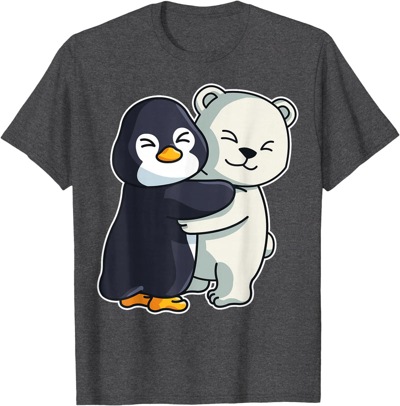 Penguin and Polar Bear Hug Arctic Animal Polar Bear and Penguin Cute North Pole Animals Hugging T-Shirt - Dark Heather Grey