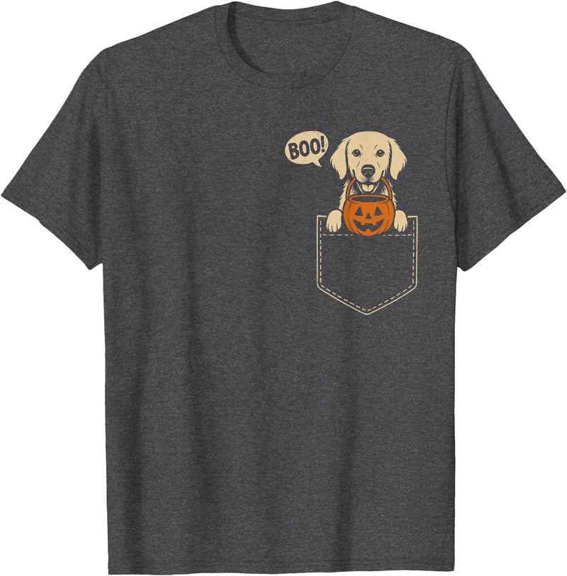 Halloween Dogs in Pockets Clothing & Co. Funny Golden Retriever Halloween Golden Dog Cute Pocket Boo T-Shirt - Dark Heather