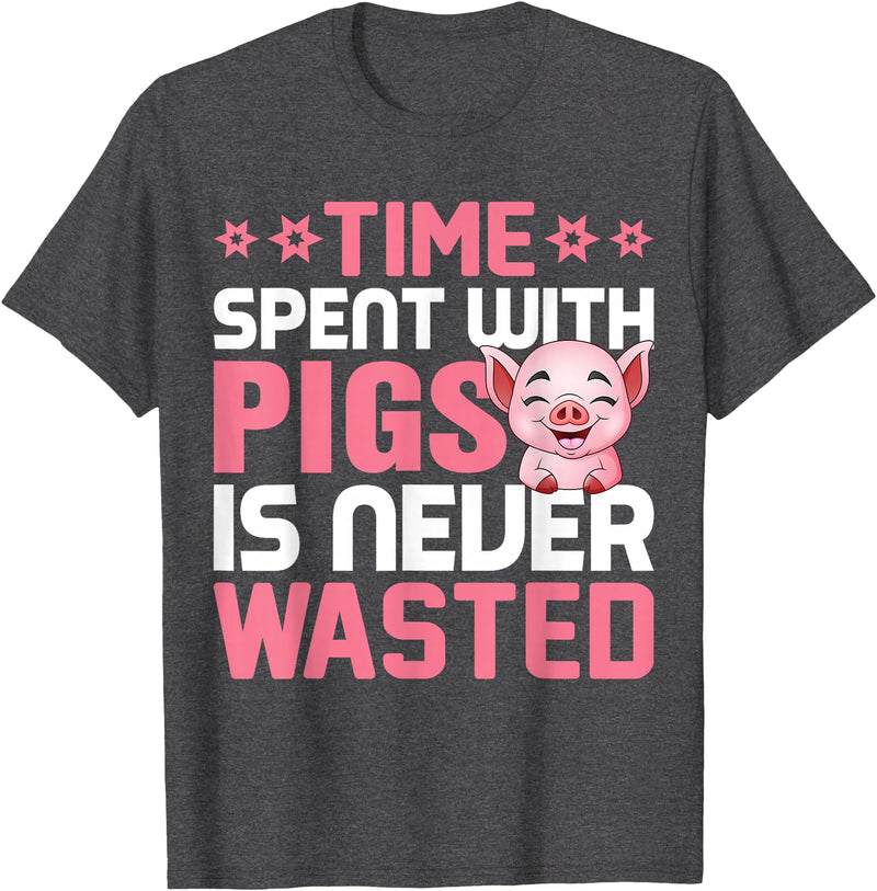 Funny Pig Farm Piggy Farmer Farming Gifts DAIMMER Time Spent With Pigs Is Never Wasted T-Shirt - Dark Heather Grey