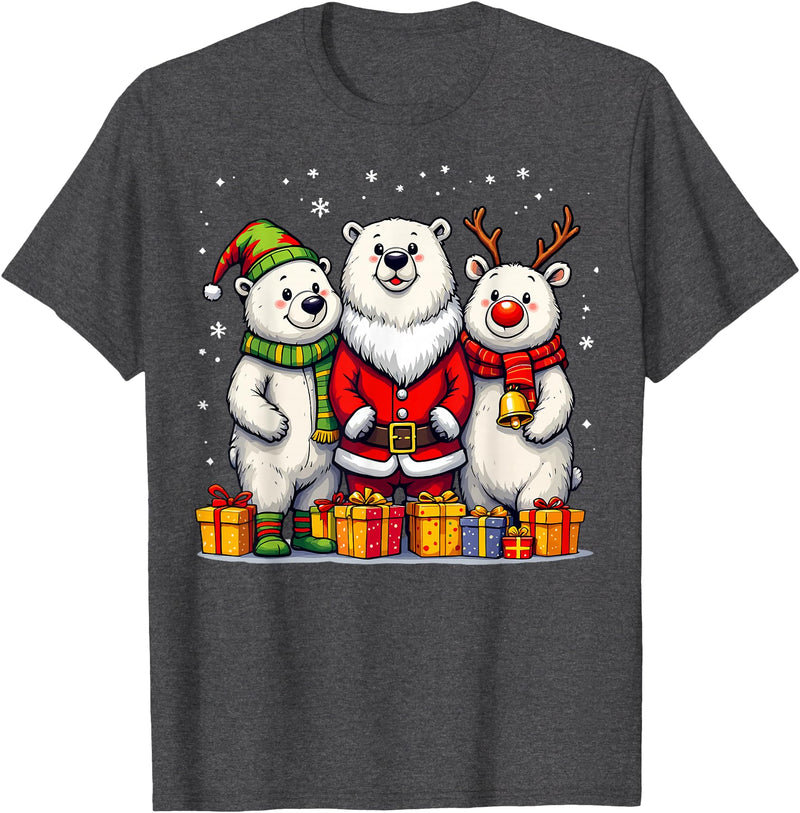 Christmas Polar Bear Santa Elf Reindeer Holiday Cute Christmas Polar Bears in Santa Elf and Reindeer Costume T-Shirt - Dark Heather Grey
