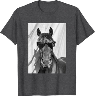 Funny Animal Photography Clothing Co. Cute Horse with Sunglasses Farm Animal Photo Booth T-Shirt - Dark Heather Grey