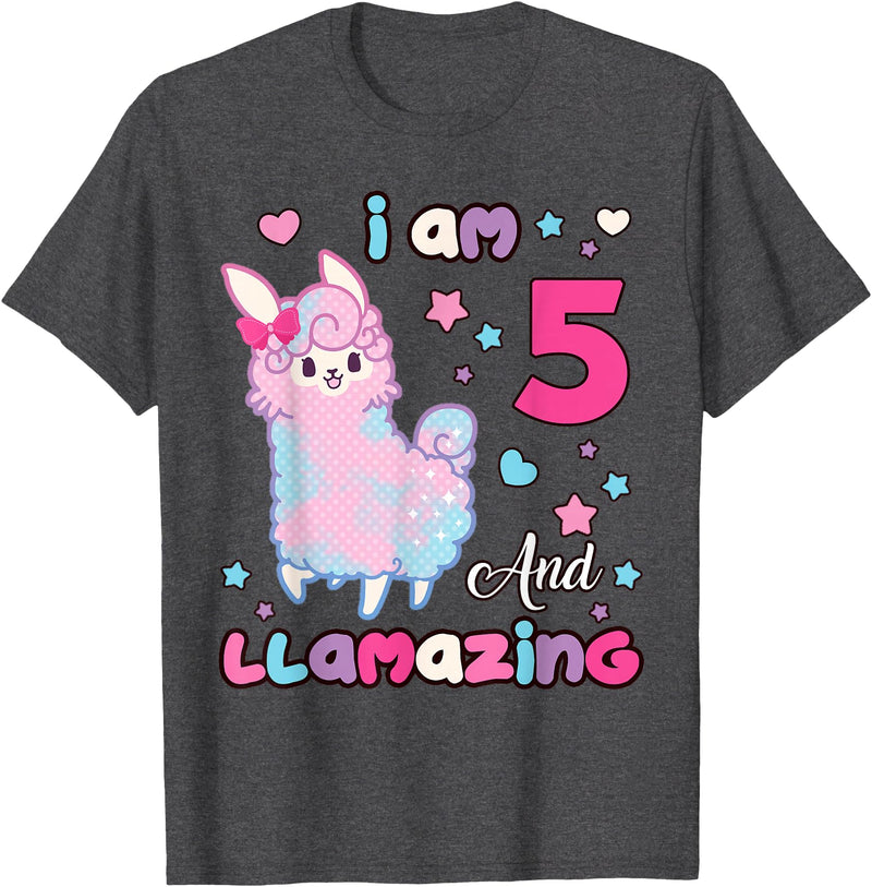 Llamazing Birthday Girl Llama Family BW Art Llama I Am Five and Llamazing 5 Years Old 5th Birthday Girl T-Shirt - Dark Heather Grey
