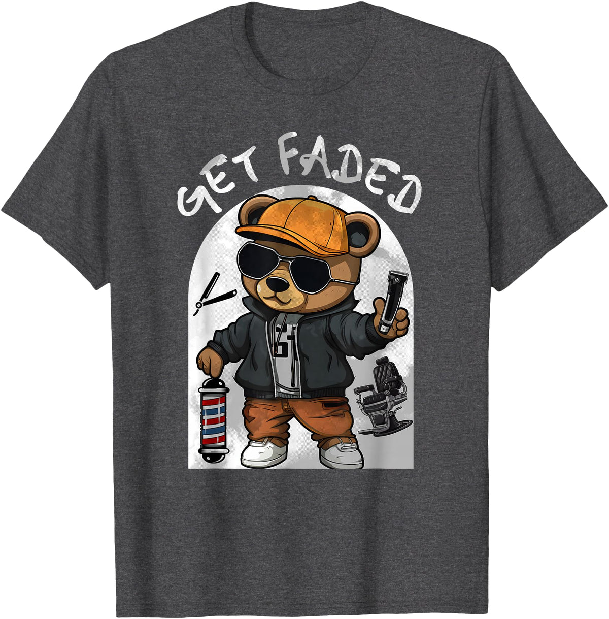 Black Barbershop African American Barber Designs Get Faded Hip Hop Teddy Bear Barber Streetwear Fade Haircut T-Shirt - Dark Heather Grey