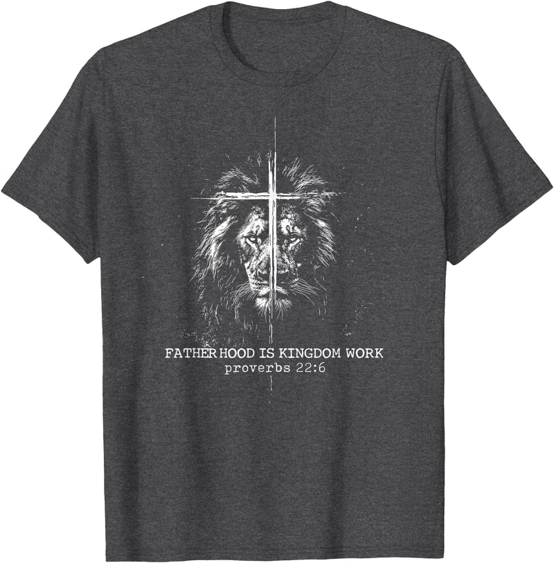 Retro Faith Based Lion Cross Father Day tee Fatherhood is Kingdom Work Retro Faith Based Lion Cross T-Shirt - Dark Heather Grey