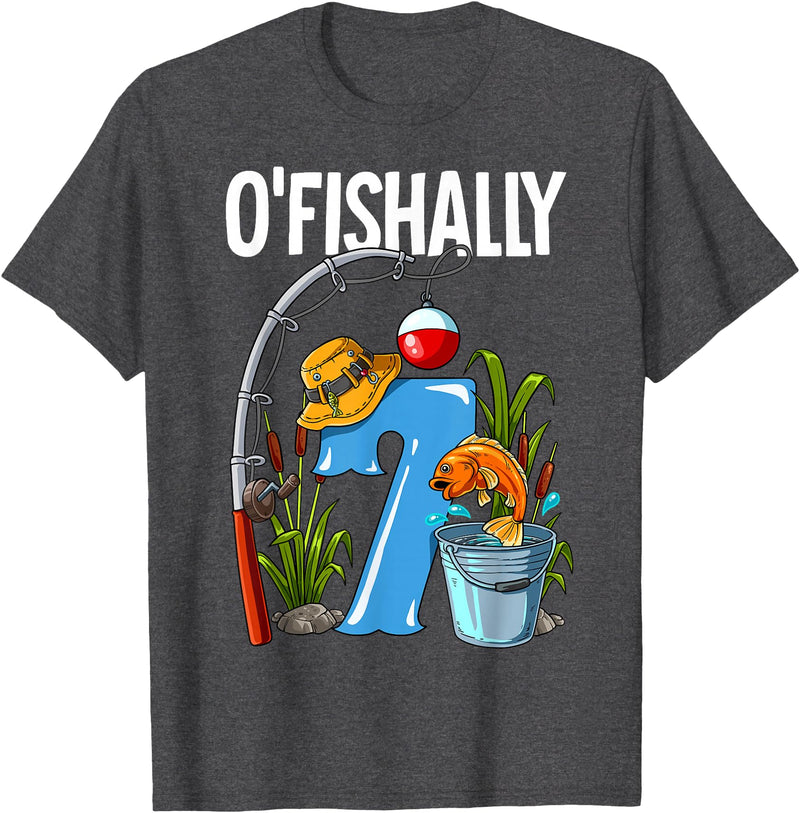 Fishing Theme Birthday Gifts O'fishally 7 Years Old 7th Birthday Fishing T-Shirt - Dark Heather Grey