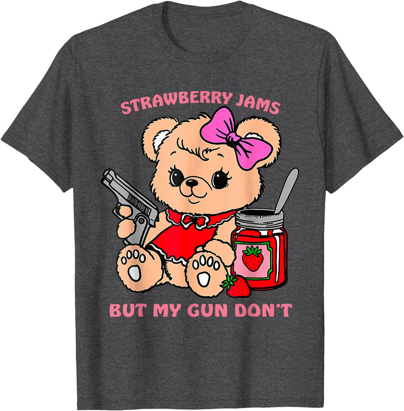Strawberry Jams But My Gun Don't Funny Teddy Bear T-Shirt - Dark Heather Grey