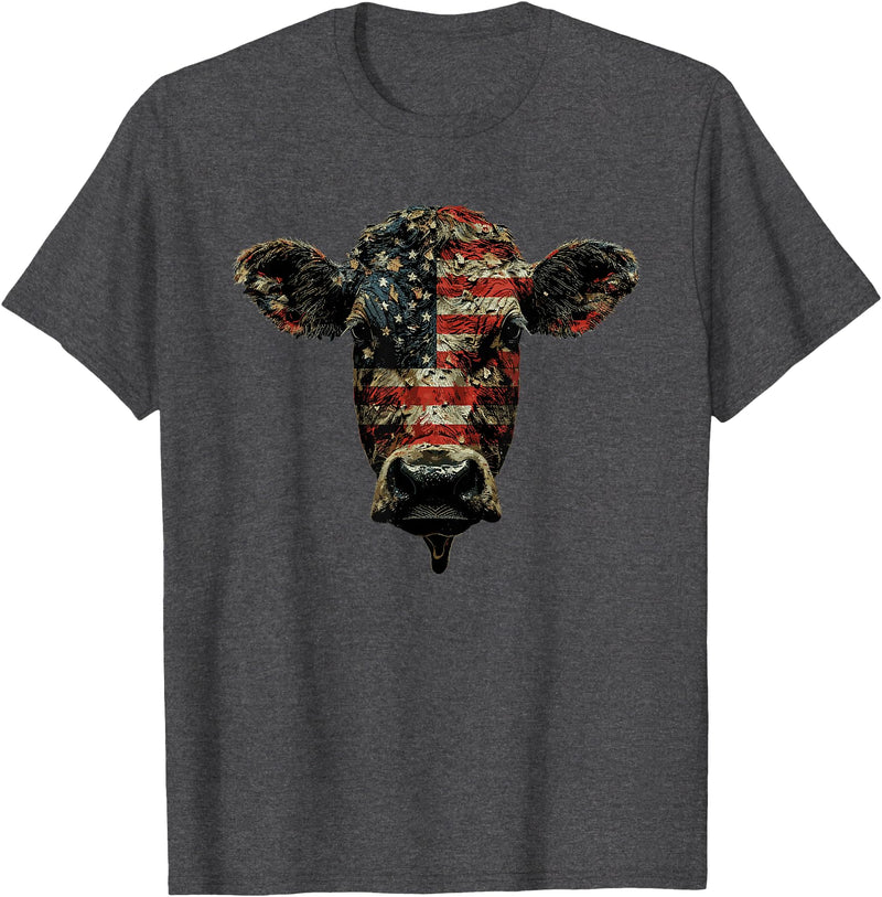4th Of July Cow Farm Outfits For Men Cow Farm Patriotic Farmer 4th Of July USA American Flag T-Shirt - Dark Heather Grey