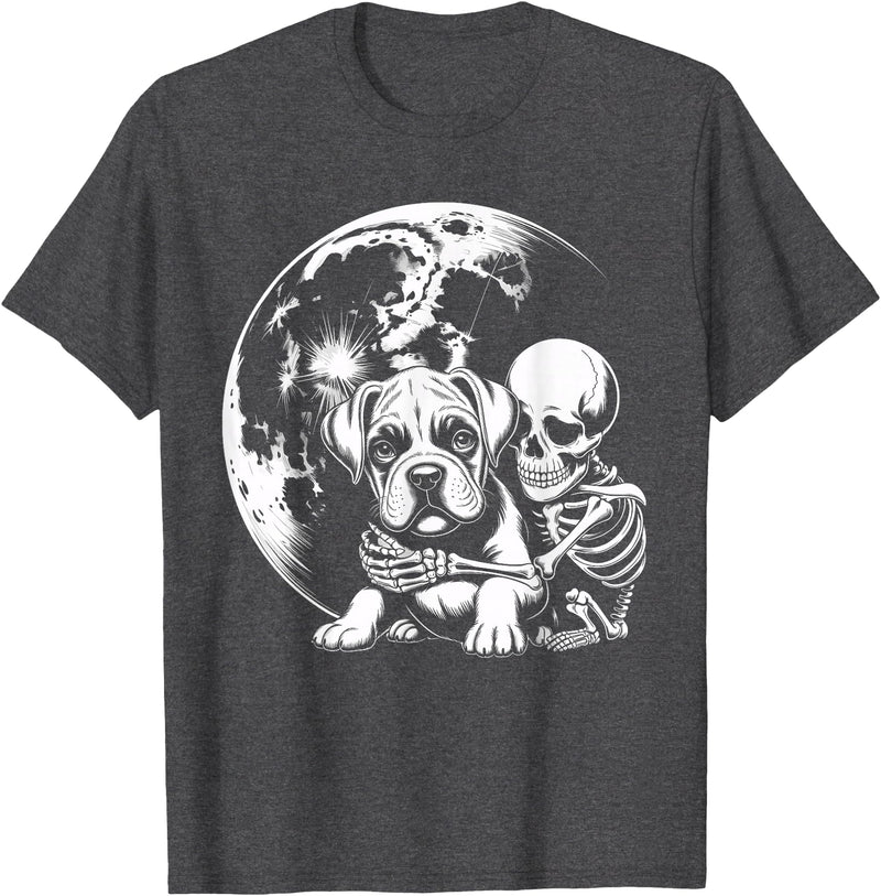 Cute Skeleton Boxer Dog Halloween Women Men Skeleton Hugging Dog Halloween Boxer Lover Mom Dad T-Shirt - Dark Heather Grey