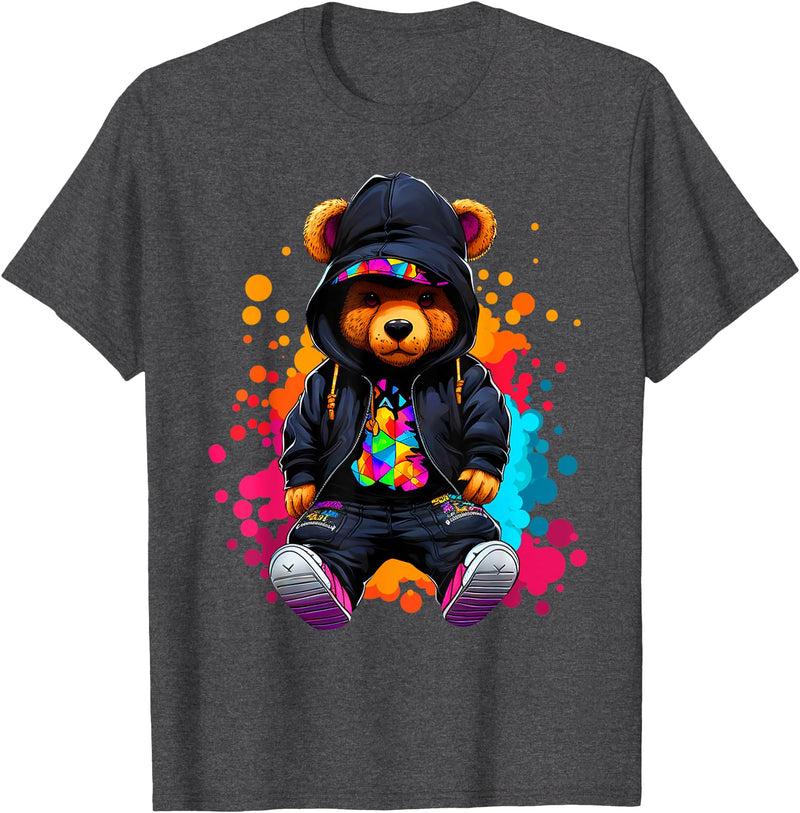 Hip Hop Teddy Bear Aesthetic Wear Co. Hip Hop Bear Colorful Teddy Bear With Hoodie Baseball Cap T-Shirt - Dark Heather Grey