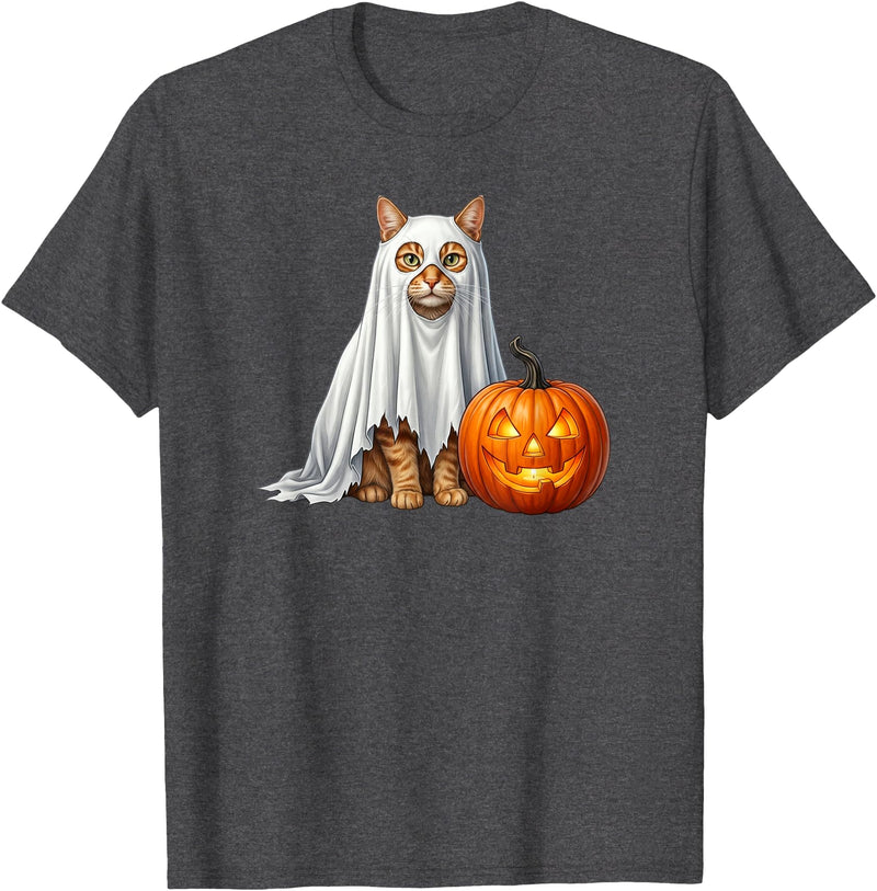 Cute & Funny Spooky Cat and Pumpkin Halloween Orange Cat Ghost and Jack-O-Lantern Halloween T-Shirt - Dark Heather Grey