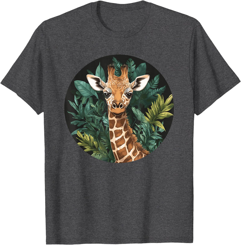 Nature Wildlife Giraffe Safari Jungle Giraffe With Tropical Jungle Leaves T-Shirt - Dark Heather Grey