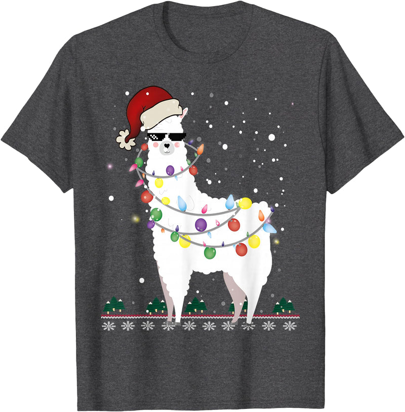 Christmas Llama Santa Hat Ugly Xmas Tee Christmas Llama Santa Hat Ugly Xmas Tree Alpaca Gift T-Shirt - Dark Heather Grey