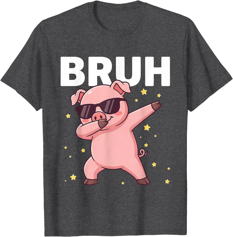 Funny Dabbing Pig Tee for Men Women Kids Bruh Dabbing Pig Sunglasses Funny Pig Dabbing Cute Animal T-Shirt - Dark Heather Grey