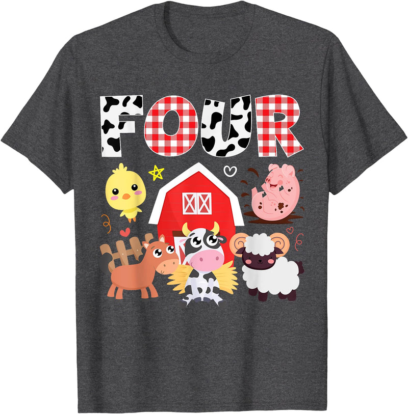 Farm Animals Cow Themed Birthday Party Family Tees 4th Birthday Four Year Old Farm Theme Animals Birthday Party T-Shirt -