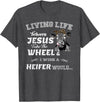 apparelaxArt Living Life Somewhere Between Jesus Take The Wheel Cow T-Shirt - Dark Heather Grey
