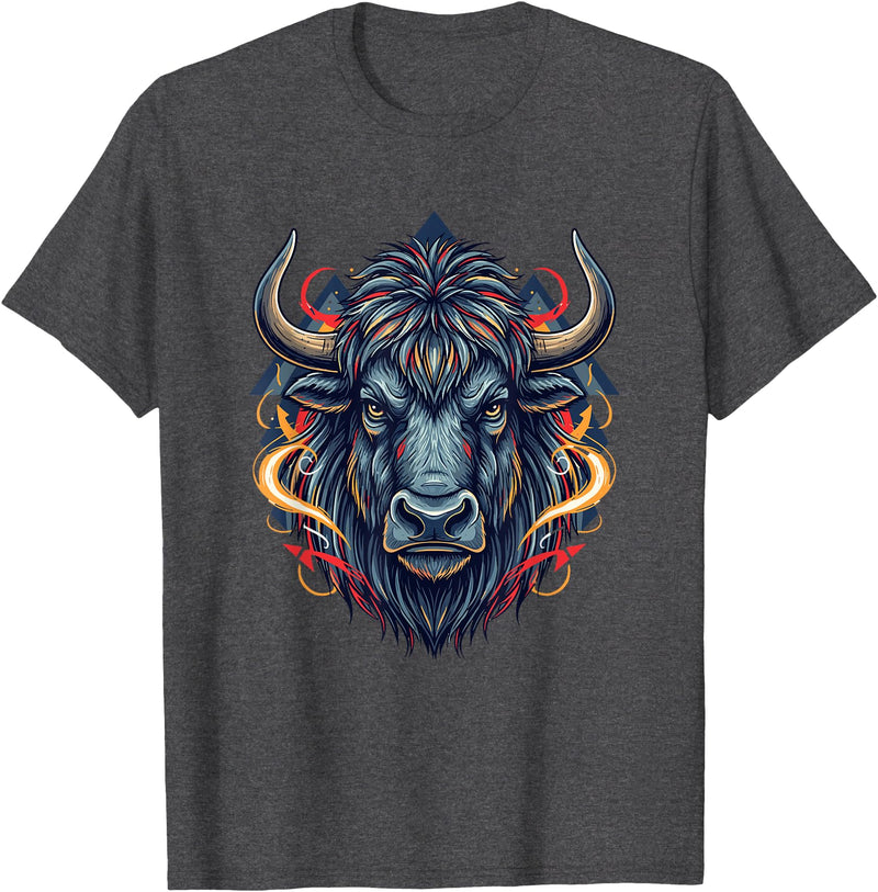Wild Buffalo Bison Tribal Western Spirit Fierce Wild Bison Head Tribal Geometric Buffalo T-Shirt - Dark Heather Grey