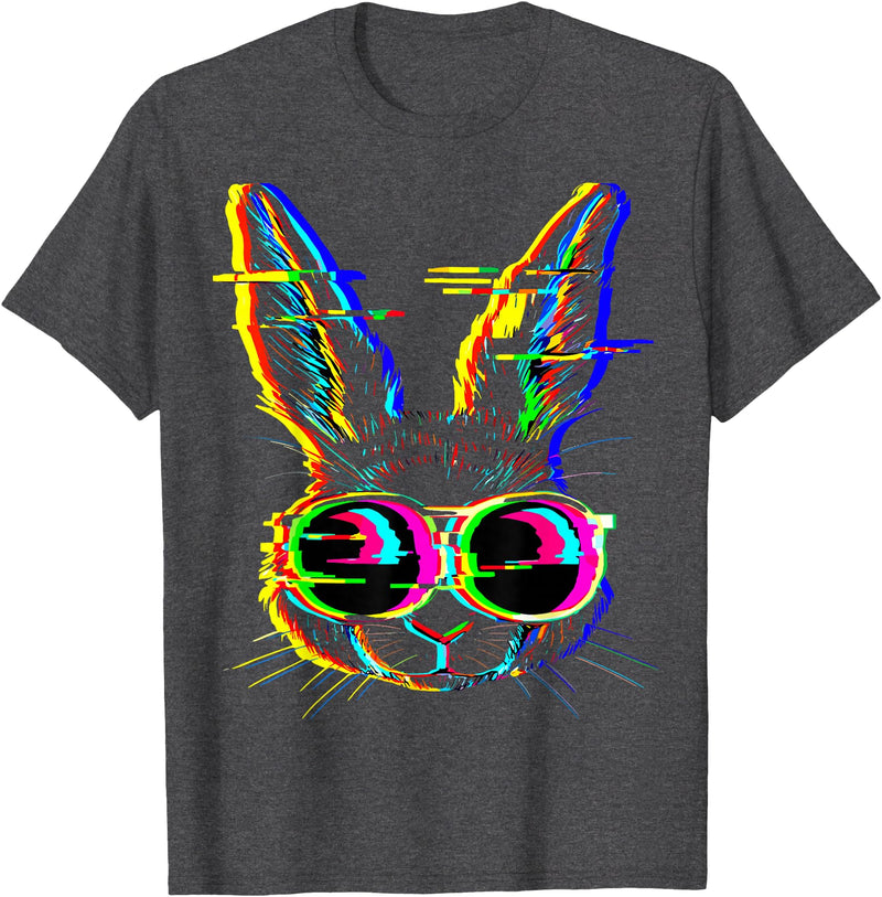 Trippy Rabbit Vibrant Glitch Effects Vaporwave EDM Lover T-Shirt in Dark Heather Grey