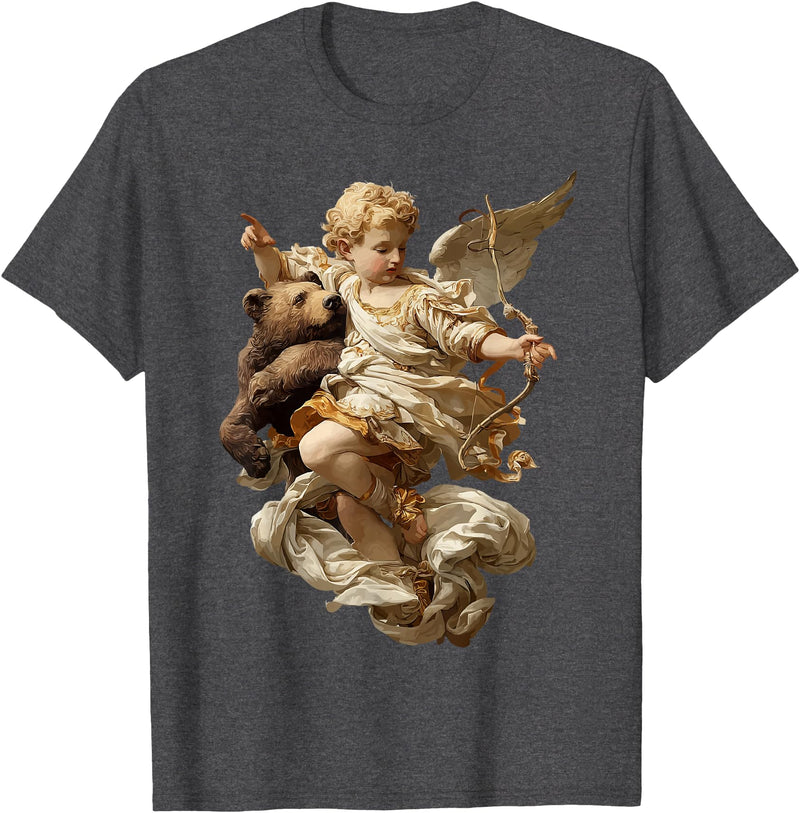 Vintage Angel Aesthetic Classical Art Cute Cherub Angel with Bear Baroque Renaissance Aesthetic T-Shirt - Dark Heather Grey