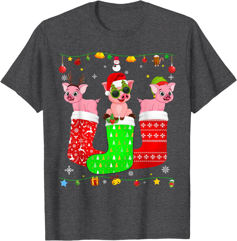 Christmas Pajama Top Matching Outfit Co Three Pig In Christmas Socks Matching Xmas Pajama T-Shirt - Dark Heather Grey