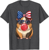 Cute Guinea Pig Bubble Gum Coquette Bow Girls Kids Patriotic Guinea Pig 4th of July Bow American Flag Girls T-Shirt - Dark Heather Grey
