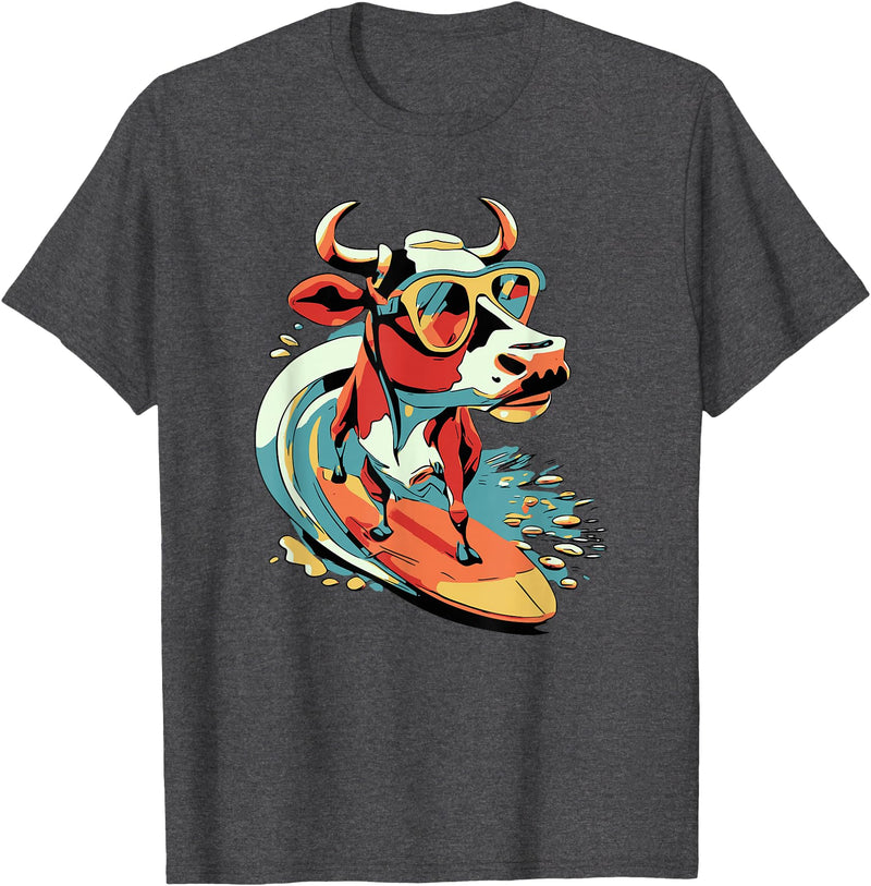 Surfing Cow Catching a Wave Surfer Design Co. Surfing Cow Catching a Wave Farmer Surfer Surf Time T-Shirt - Dark Heather Grey