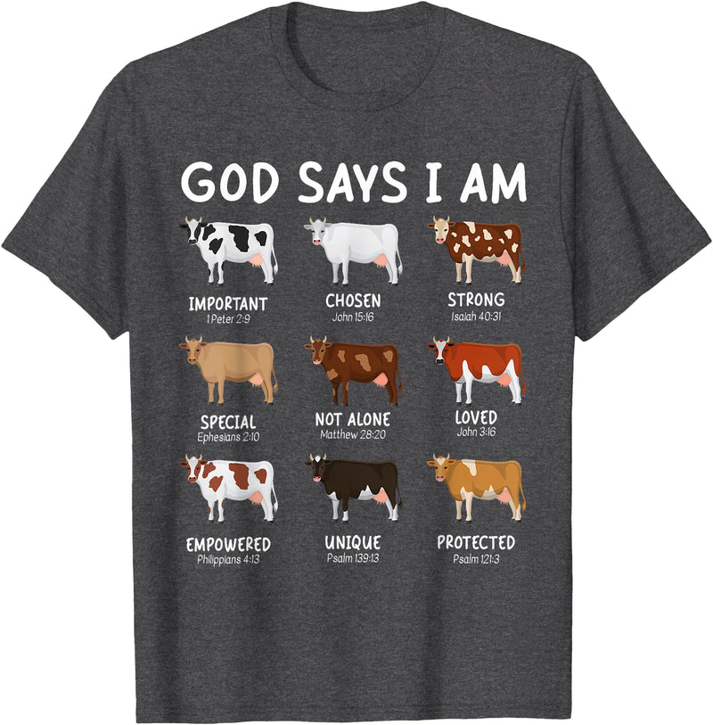 God Says I Am Christian Bible Verse Apparel God Says I Am Cute Heifer Cow Bible Verse Christian T-Shirt - Dark Heather Grey
