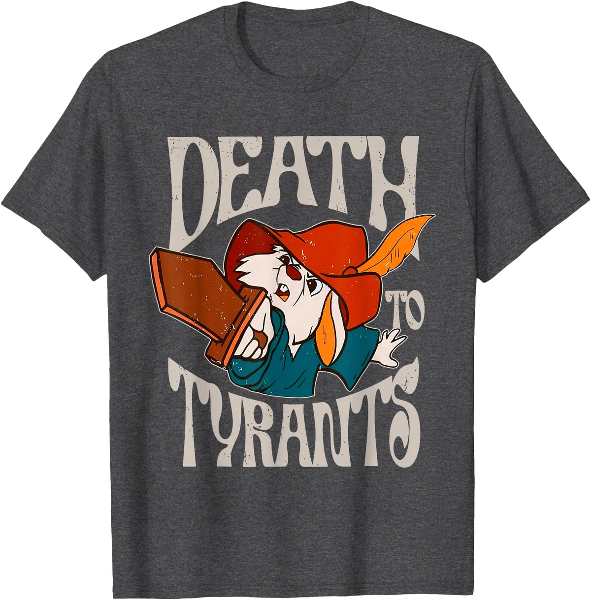 Death to Tyrants Retro Rabbit Meme T-Shirt in Dark Heather Grey
