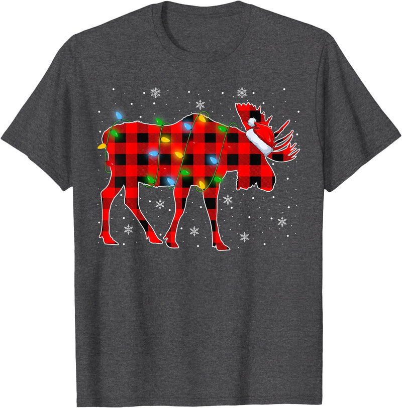 Buffalo Plaid Moose Christmas Gifts Moose Xmas Lighting Buffalo Plaid Moose Christmas Pajama T-Shirt - Dark Heather Grey