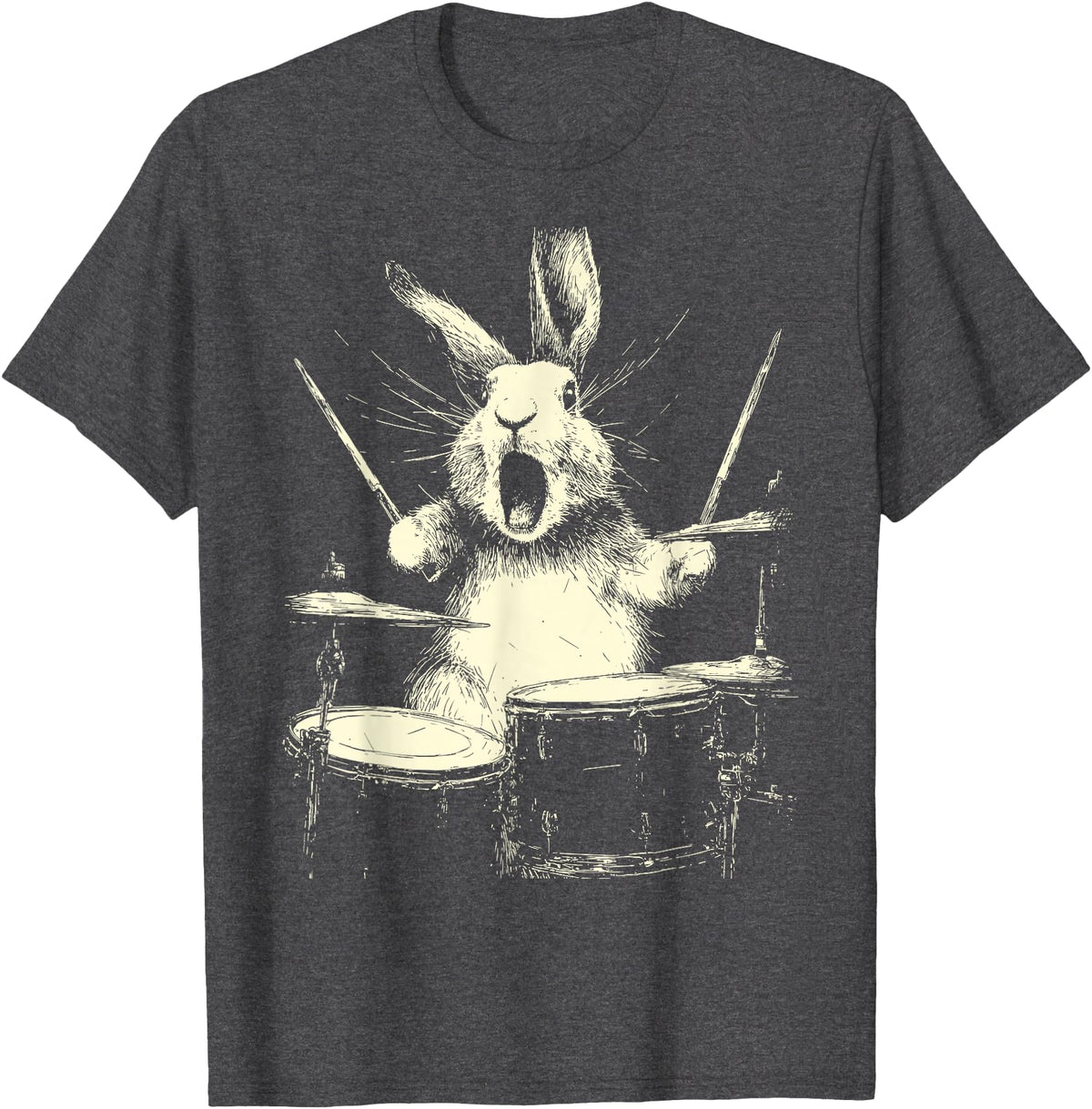 Cute Rabbit Playing Drums Funny Music Animal Drummer Graphic T-Shirt in Dark Heather Grey