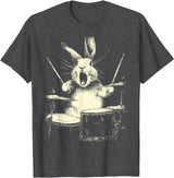 Cute Rabbit Playing Drums Funny Music Animal Drummer Graphic T-Shirt in Dark Heather Grey