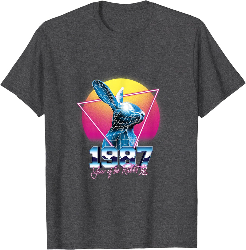 Chinese Year of Rabbit 1987 Birthday Zodiac Retrowave Retro T-Shirt in Dark Heather Grey