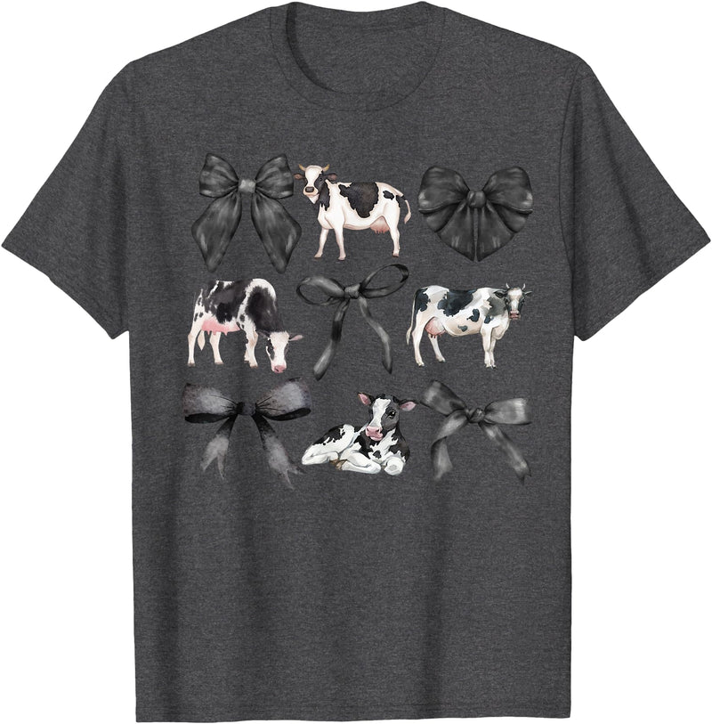 Kristen Michael Coquette Cows, Cows and Bows, Watercolor, Holsteins T-Shirt, Small, Grey - Dark Heather Grey
