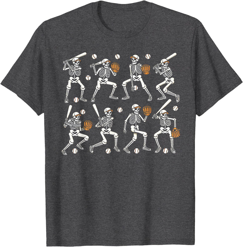 Funny Halloween Baseball Skeletons Play Baseball Boys Kids T-Shirt - Dark Heather Grey