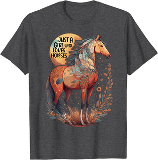 Just a girl who loves horses Co. Just a Girl who Loves Horses - Bohemian Horse Lover Themed T-Shirt - Dark Heather Grey
