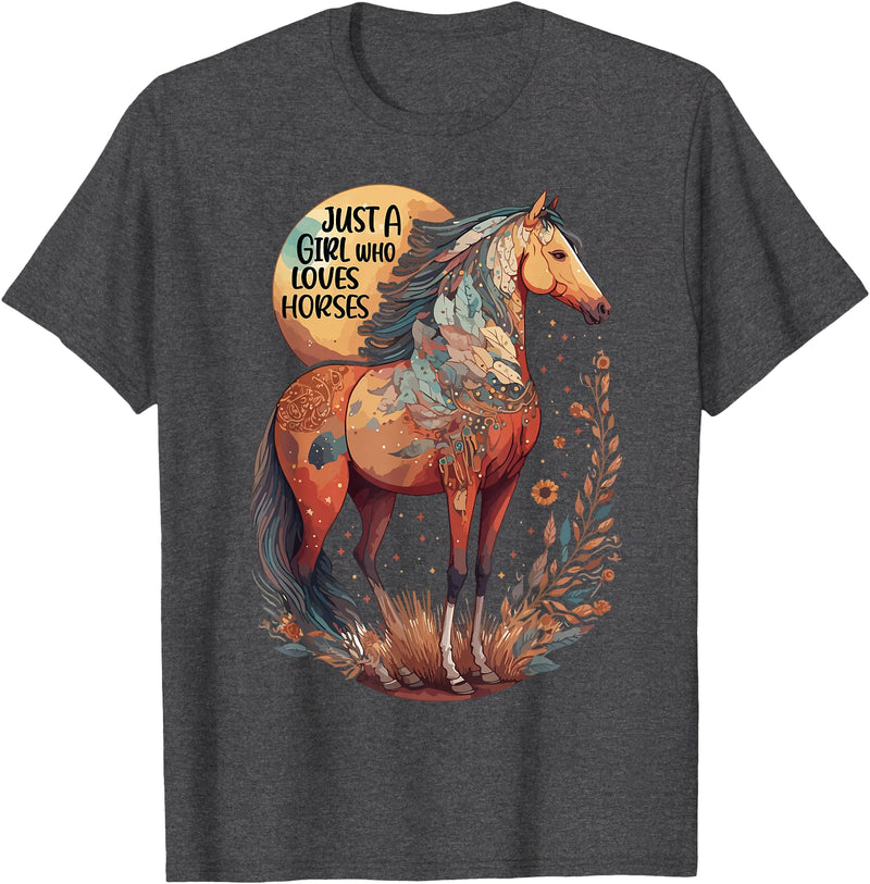 Just a girl who loves horses Co. Just a Girl who Loves Horses - Bohemian Horse Lover Themed T-Shirt - Dark Heather Grey
