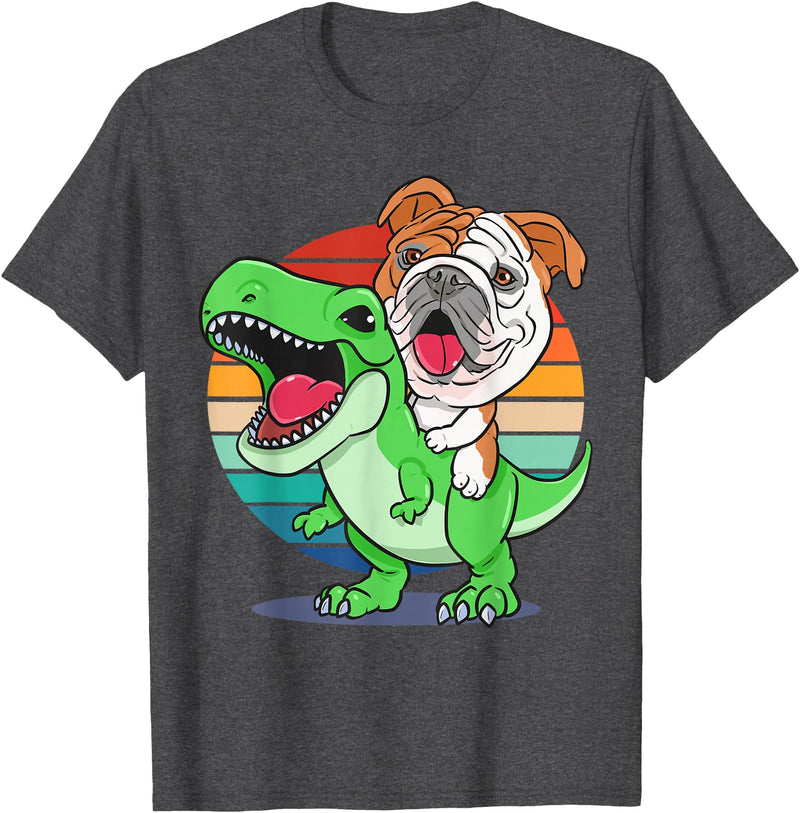 English Bulldog Funny Dinosaur Kids Mom Gift Tees Funny English Bulldog Riding Cute T-Rex Dinosaur Dog Mom T-Shirt - Dark