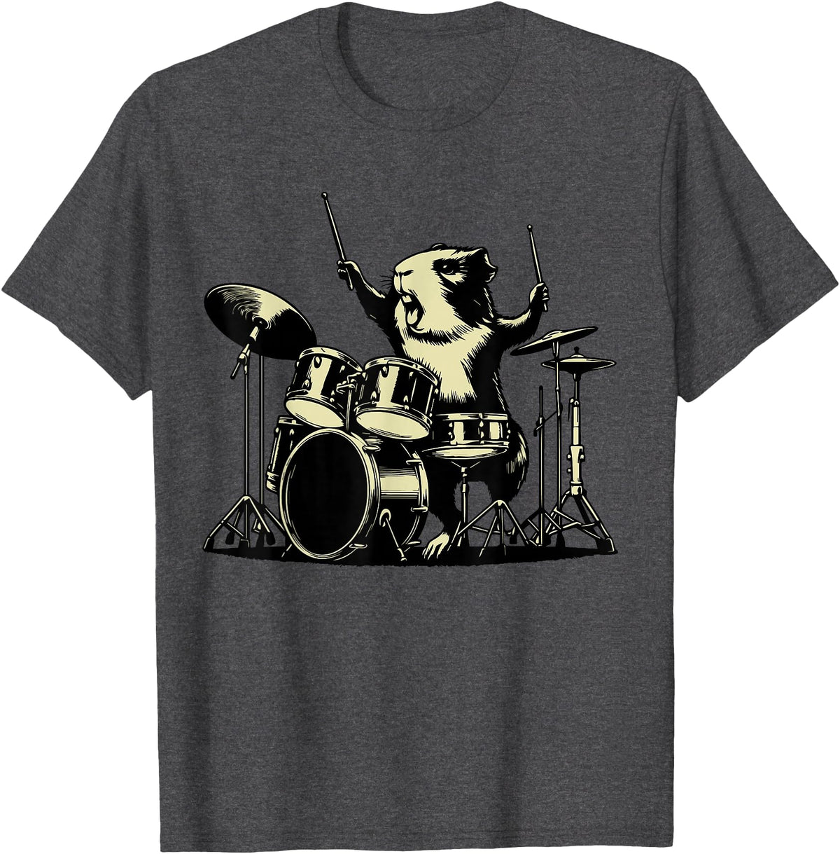 Retro Drummer Guinea Pig Lover Rock Design Guinea Pig Drummer Rock Drummer Guinea Pig Playing Drums T-Shirt - Dark Heather Grey