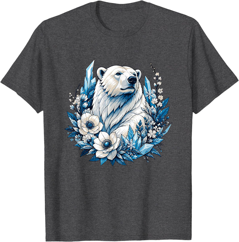 Arctic Polar Bear Floral Crystal Nature Winter Wildlife Polar Bear with Ice Flowers T-Shirt - Dark Heather Grey