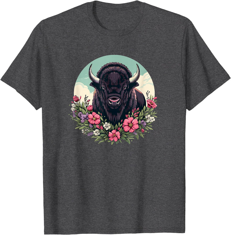Wild Plains Buffalo Bison Gifts T Shirts & Hoodies Womens Girls Old West Retro Vintage Floral Buffalo Lover T-Shirt - Dark