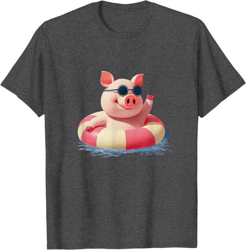 Vacation Pig Outfit Pig Sunglasses Graphic with Beach Ring T-Shirt - Dark Heather Grey