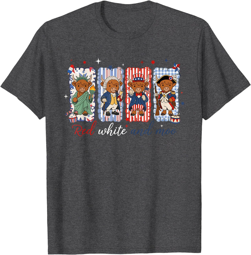 Red White Moo Patriotic Highland Cow Red White and Moo Highland Cow USA 4th of July 250th Years T-Shirt - Dark Heather Grey
