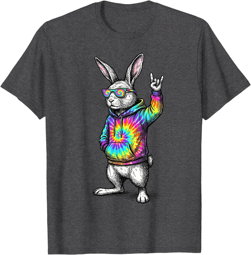 Cute Easter Bunny Rock Rabbit Sunglasses Happy Easter T-Shirt in Dark Heather Grey