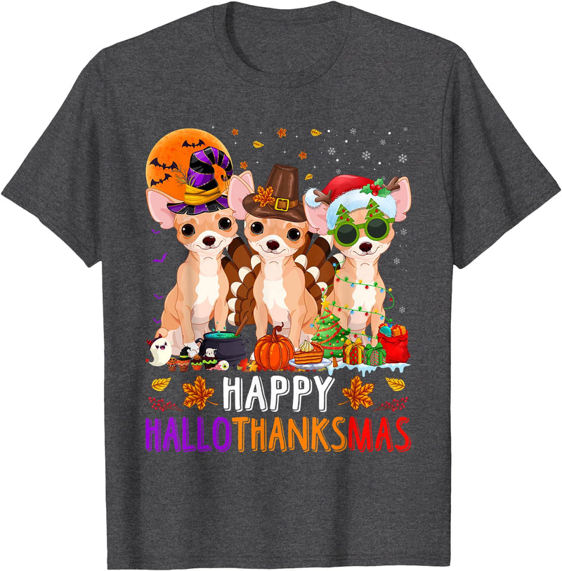 Cute Chihuahua Dog Happy Hallothanksmas Happy Hallothanksmas Chihuahua Dog Halloween Christmas T-Shirt - Dark Heather Grey