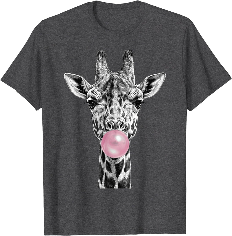 Wild Bubble Art Cool Giraffe Blowing Pink Bubblegum Sketch Art T-Shirt - Dark Heather Grey